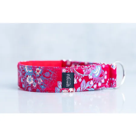 Obroża ozdobna dla psa Birma Lotus 4 cm – czerwona obroża żakardowa z orientalnym wzorem